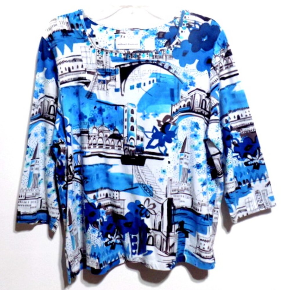 Alfred Dunner Women’s Black, Blue & White Cityscape Print 3/4 Sleeve Top – Large